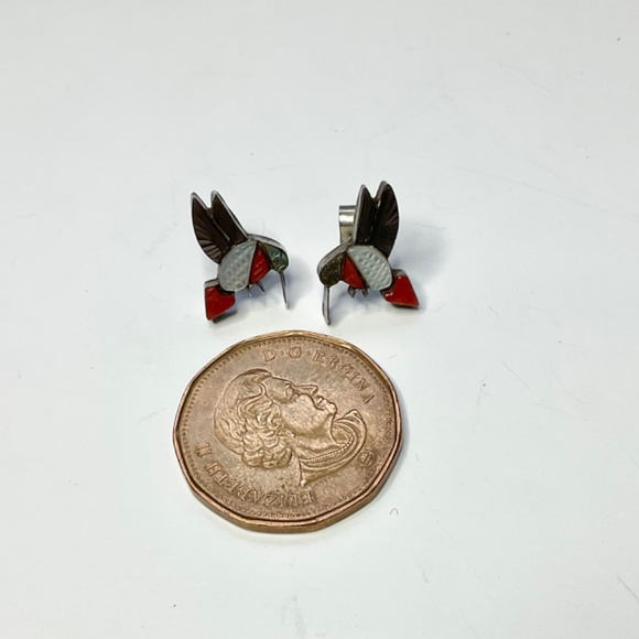 Vintage Sterling Silver Native American Made Hummingbird Earrings Stone Abalone - Picture 5 of 8